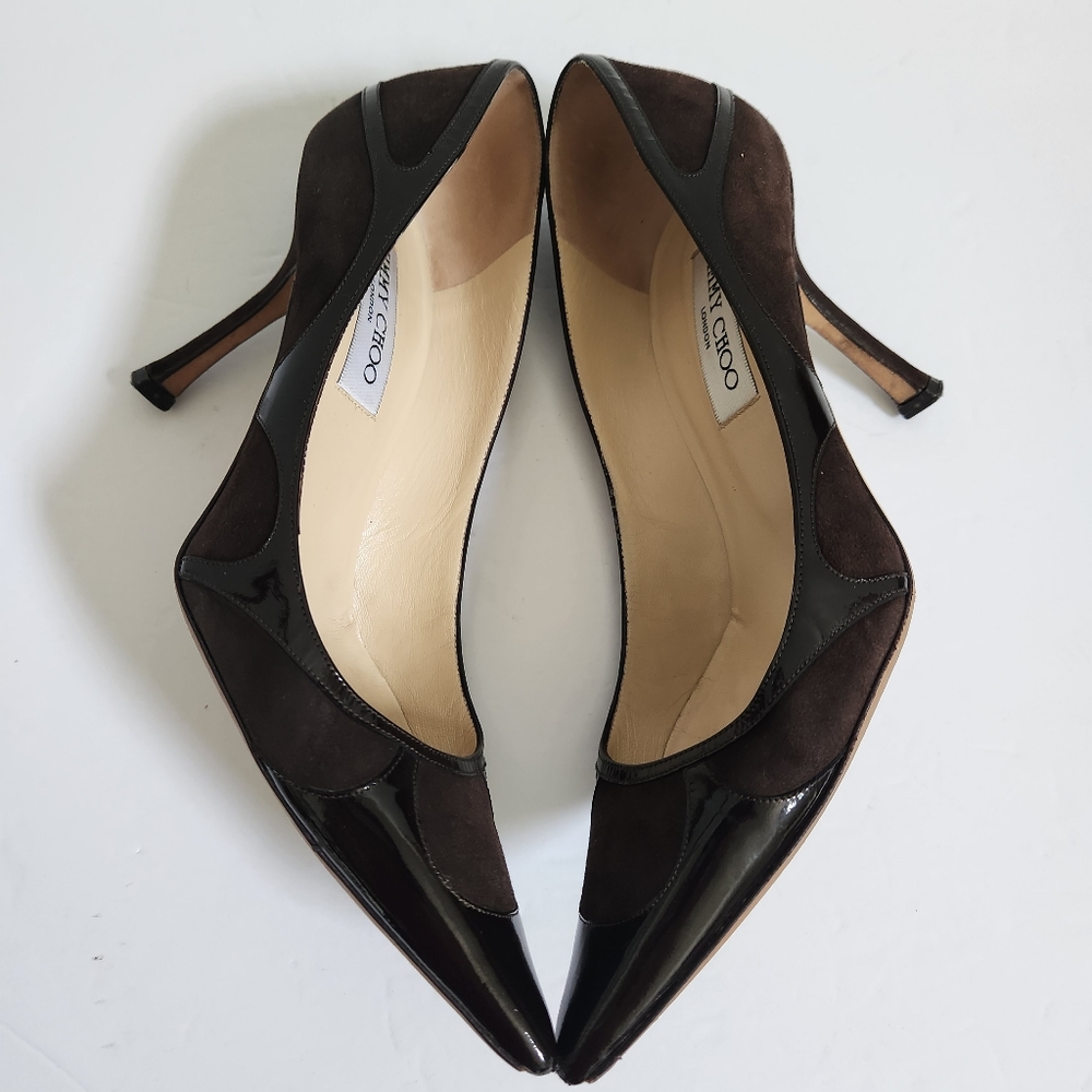 Jimmy Choo Brown Suede and Patent Leather Heels - Picture 9 of 16